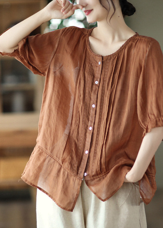 Loose Caramel O-Neck Embroidered Patchwork Linen Shirt Half Sleeve