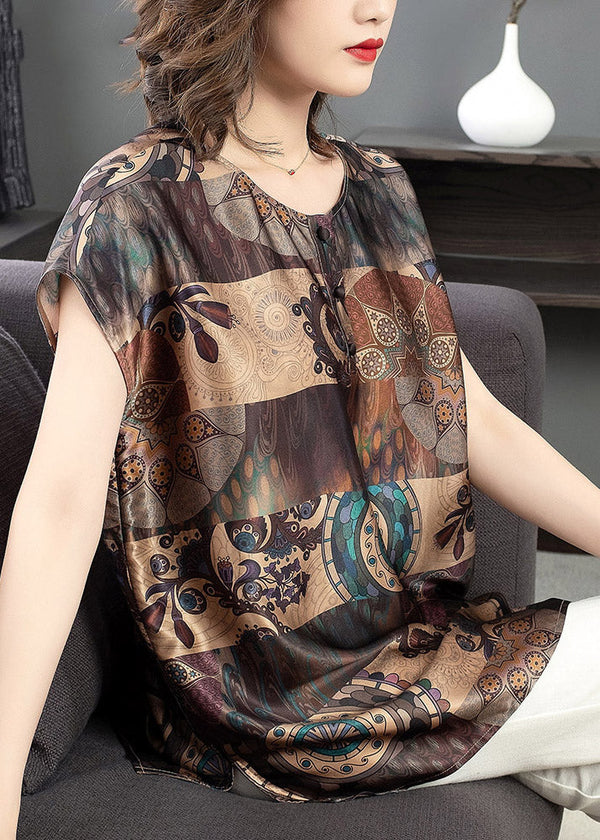 Loose Chocolate O-Neck Print Side Open Silk Tops Short Sleeve