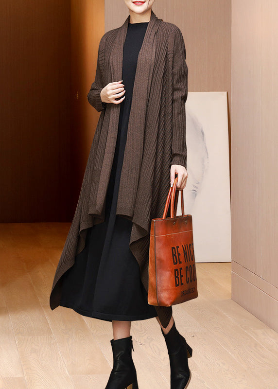 Loose Coffee V Neck Asymmetrical Woolen Cardigans Fall