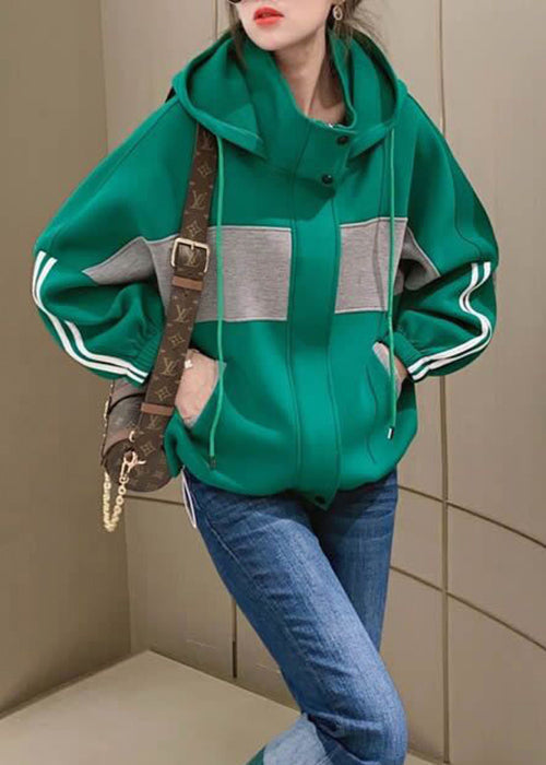 Loose Green Hooded Pockets Patchwork Cotton Coats Fall