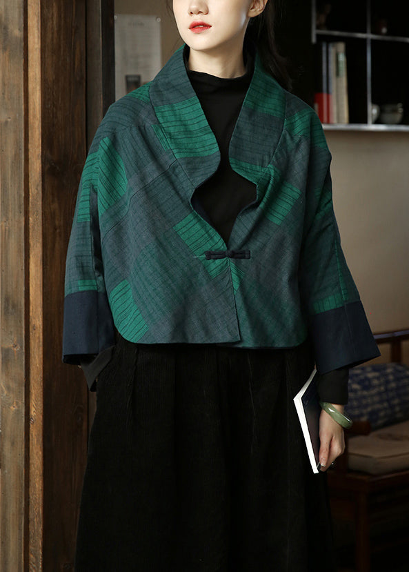 Loose Green Plaid Button Patchwork Cotton Coat Fall