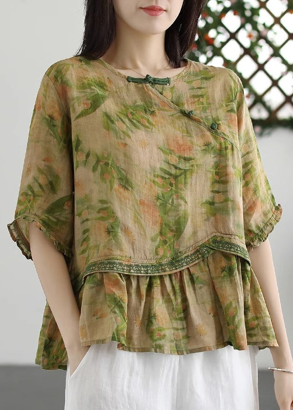 Loose Green Print Button Patchwork Cotton T Shirt Half Sleeve