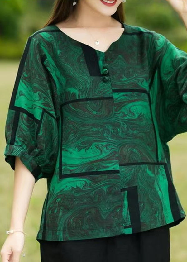 Loose Green Print Top Half Sleeve