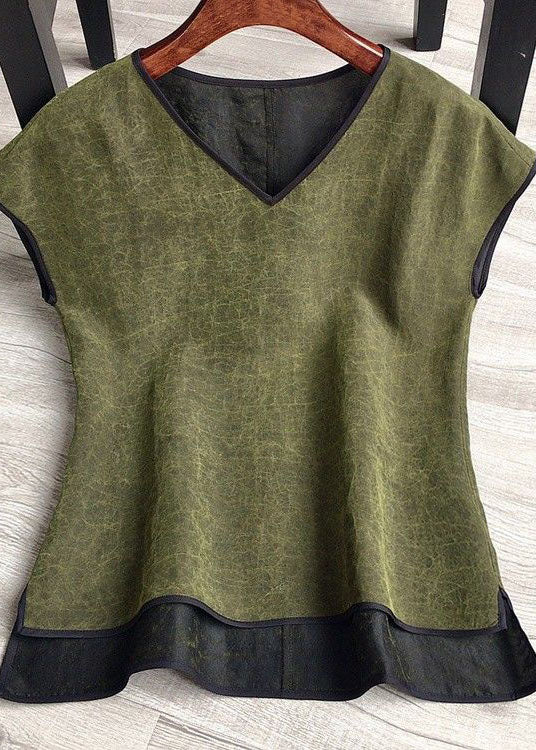 Loose Green V Neck Silk Blouse Top Summer