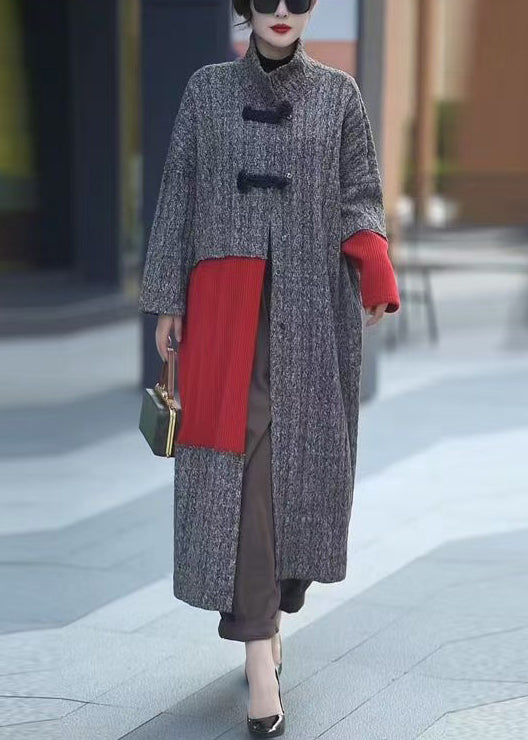 Loose Grey Button Knit Patchwork Long Coats Winter