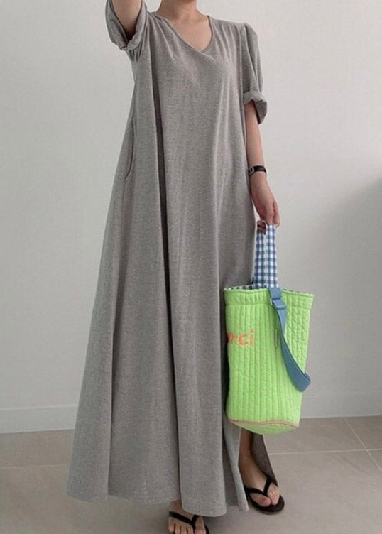 Loose Grey O-Neck Cozy Knit Long Dress Summer