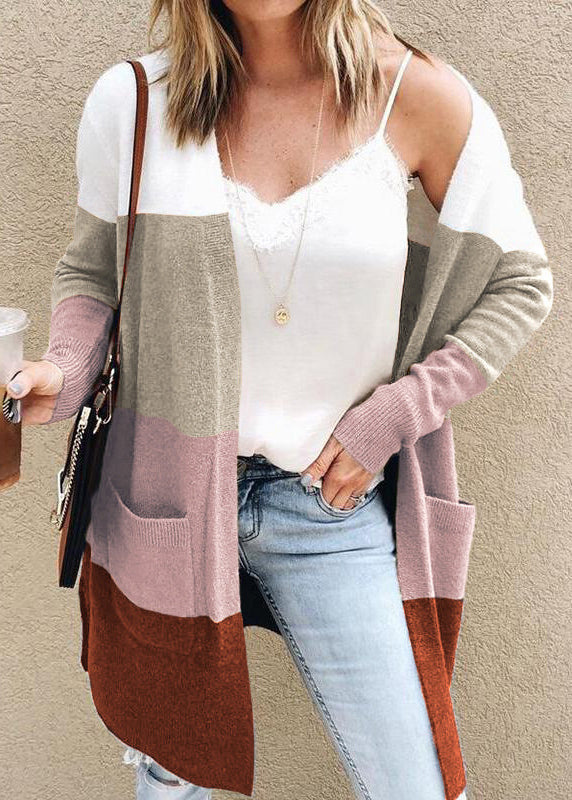 Loose Grey V Neck Striped Pockets Knit Cardigan Fall