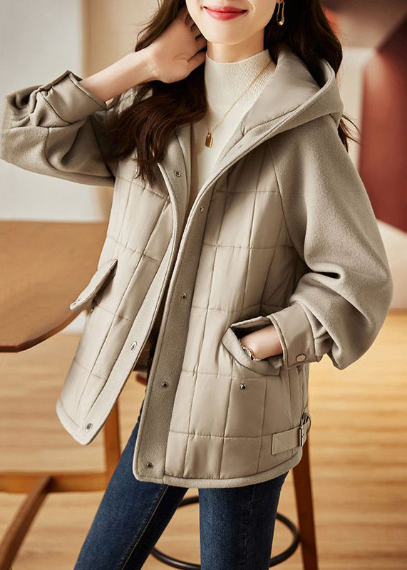 Loose Khaki Hooded Button Pockets Thick Coat Winter