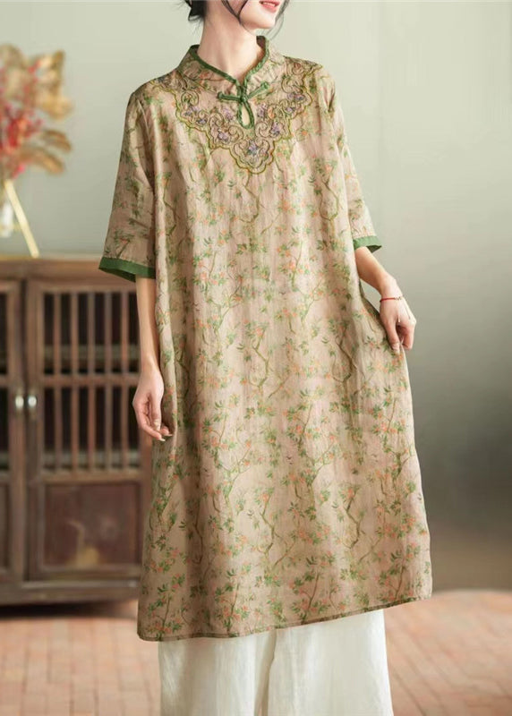 Loose Khaki Stand Collar Embroidered Button Ramie Maxi Dress Half Sleeve