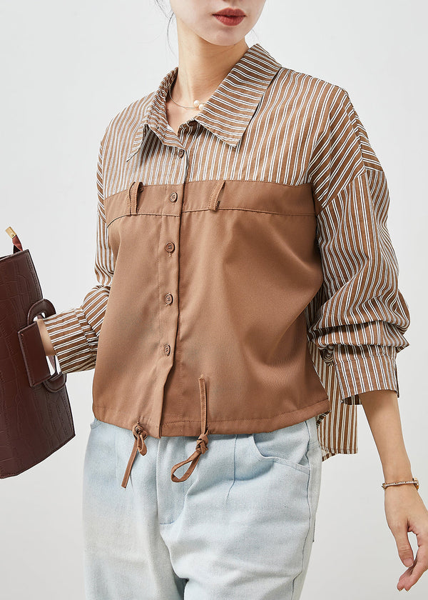 Loose Khaki Striped Patchwork Drawstring Cotton Shirts Spring