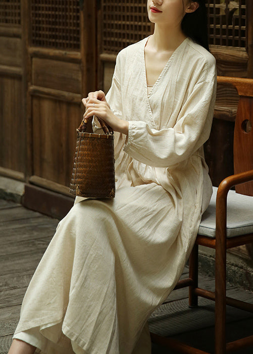 Loose Linen V Neck Wrinkled Patchwork Linen Long Dresses Fall