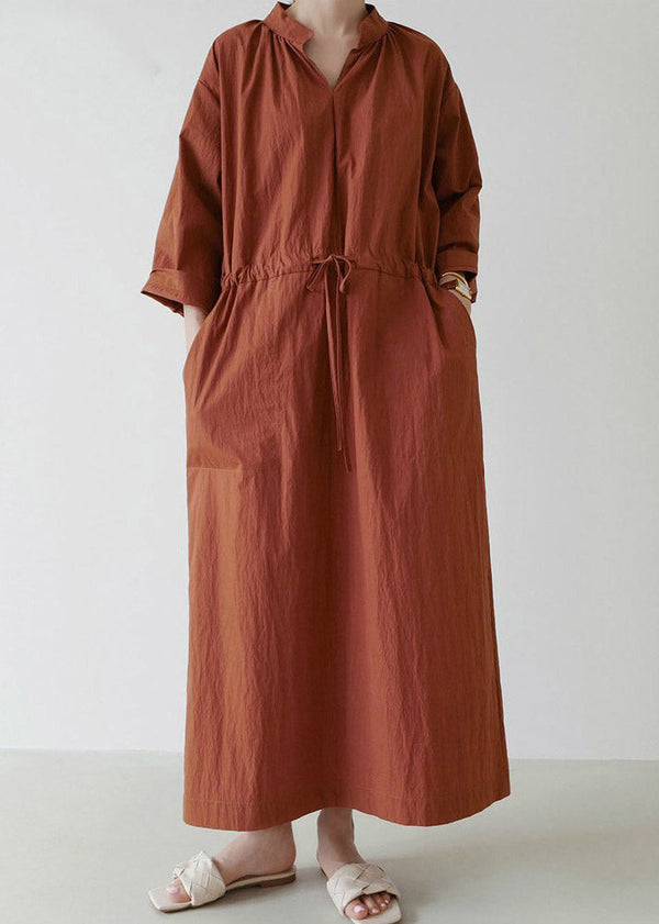 Loose Mulberry V Neck Drawstring Tie Waist Linen Holiday Long Dress Long Sleeve