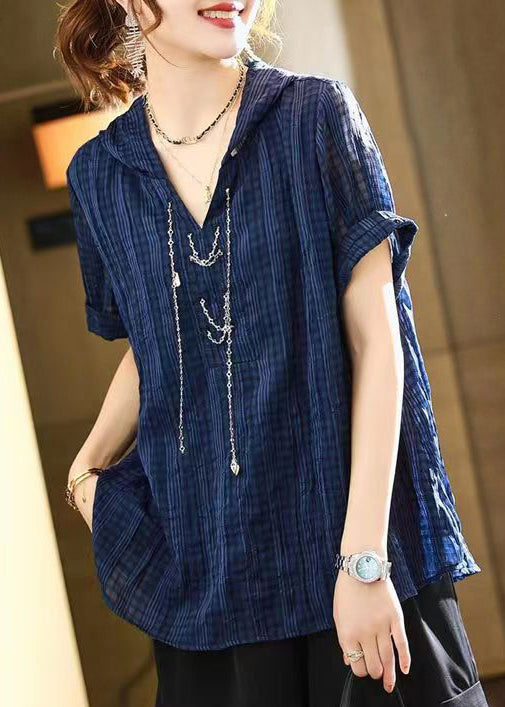 Loose Navy Hooded Chain Linked Patchwork Cotton T Shirt Short Sleeve