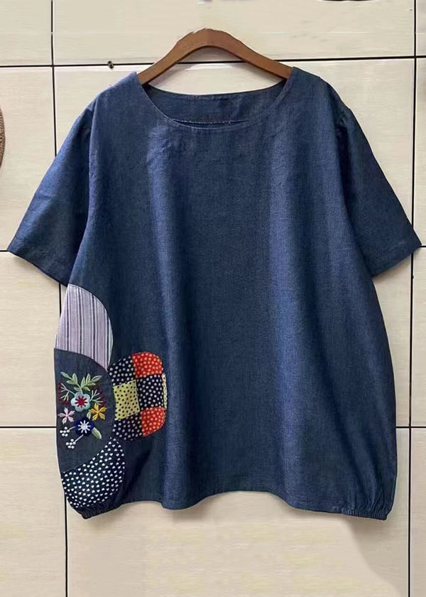 Loose Navy O-Neck Embroidered Patchwork Denim T Shirt Top Summer