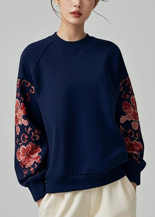 Loose Navy O Neck Print Cotton Pullover Sweatshirt Fall