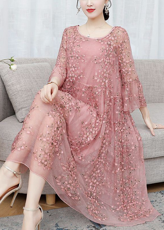 Loose Pink Embroideried Ruffled Lace Up Silk Dresses Flare Sleeve