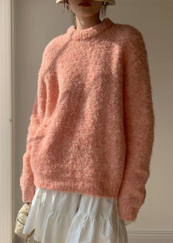 Loose Pink O-Neck Solid Fluffy Sweaters Winter