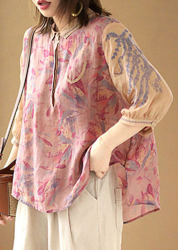 Loose Pink Peter Pan Collar Print Linen Shirt Top Half Sleeve