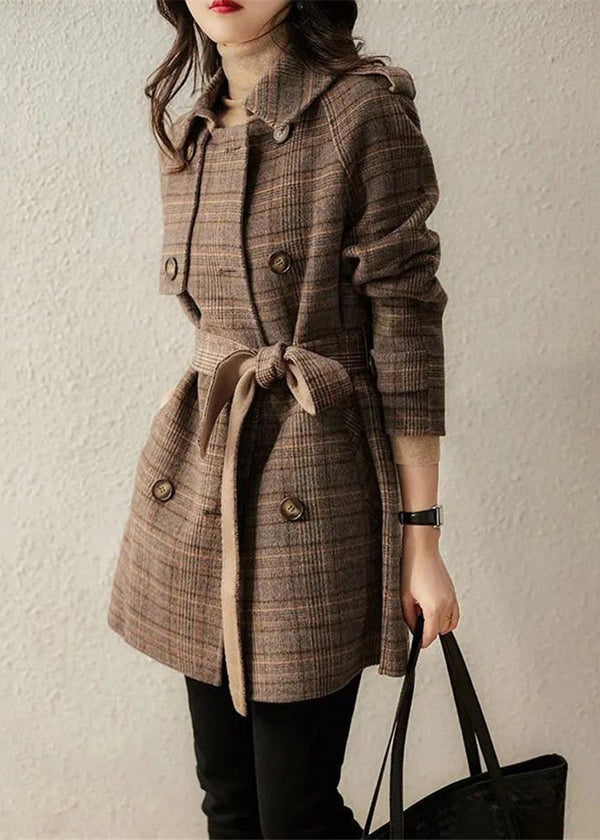 Loose Plaid Double Breast Tie Waist Wool Blend Coats Winter