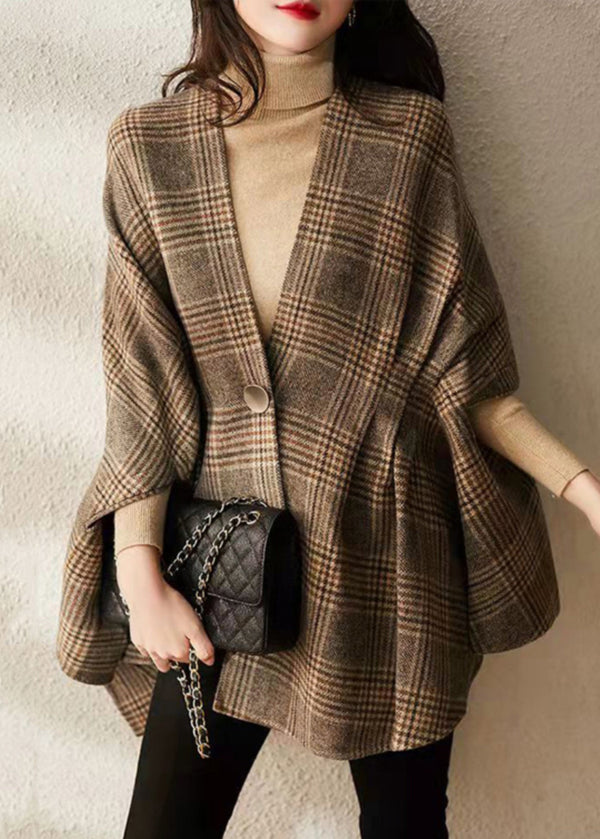 Loose Plaid V Neck Button Patchwork Cotton Coat Half Sleeve