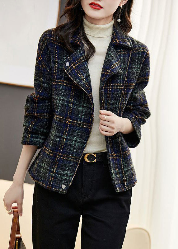 Loose Plaid Zip Up Pockets Patchwork Cotton Coats Long Sleeve