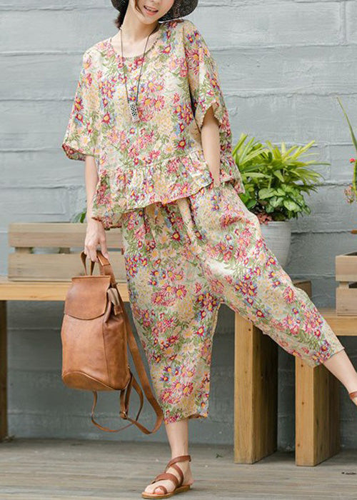 Loose Print Pockets Elastic Waist Cotton Sets 2 Pieces Half Sleeve