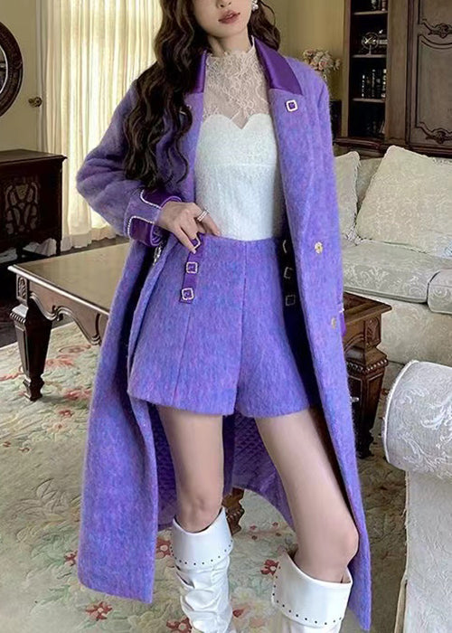 Loose Purple Notched Tie Waist Woolen Coats Winter