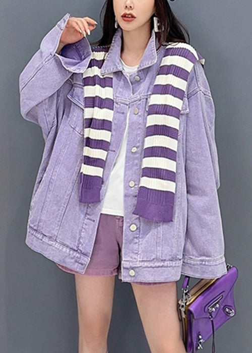 Loose Purple Peter Pan Collar Pockets Patchwork Denim Coat Fall