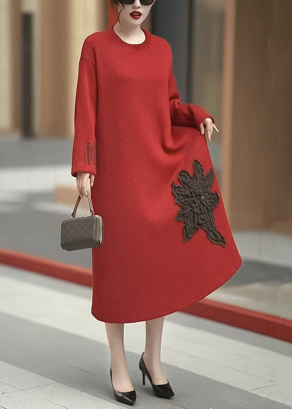 Loose Red O Neck High Waist Patchwork Knit Dress Winter