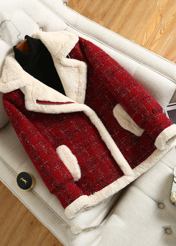 Loose Red Peter Pan Collar Button Faux Fur Coat Fall