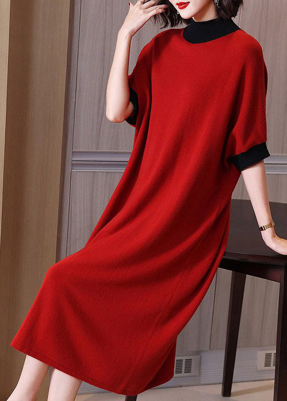 Loose Red Turtleneck Patchwork Cotton Knit Dress Short Sleeve