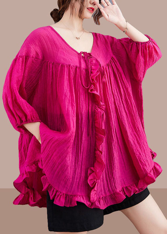 Loose Rose Ruffled Patchwork Lace Up Cotton Shirts Top Summer