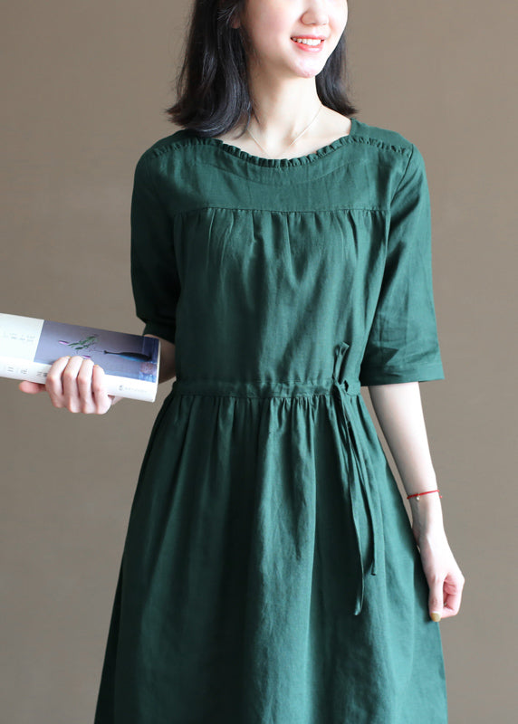 Loose Solid Blackish Green Drawstring Ruffled Cotton Linen Vacation Dress Half Sleeve