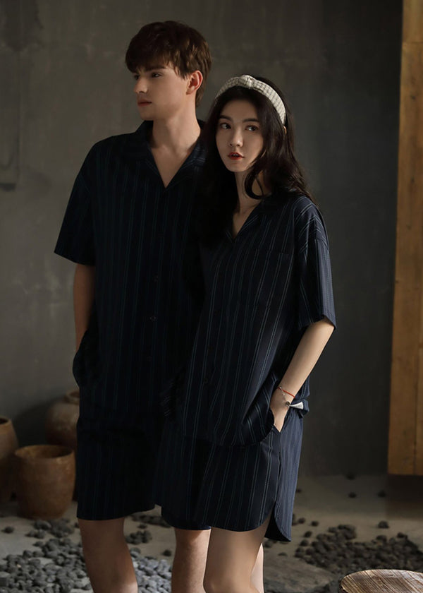 Loose Striped Peter Pan Collar Button Cotton Couple Pajamas Two Pieces Set Short Sleeve