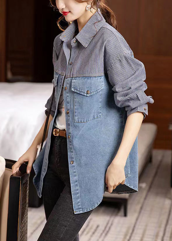 Loose Striped Peter Pan Collar Button Patchwork Denim Shirt Tops Fall