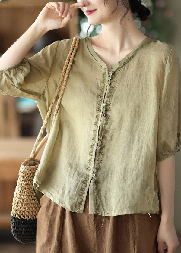 Loose V Neck Embroidered Button Linen Shirt Half Sleeve