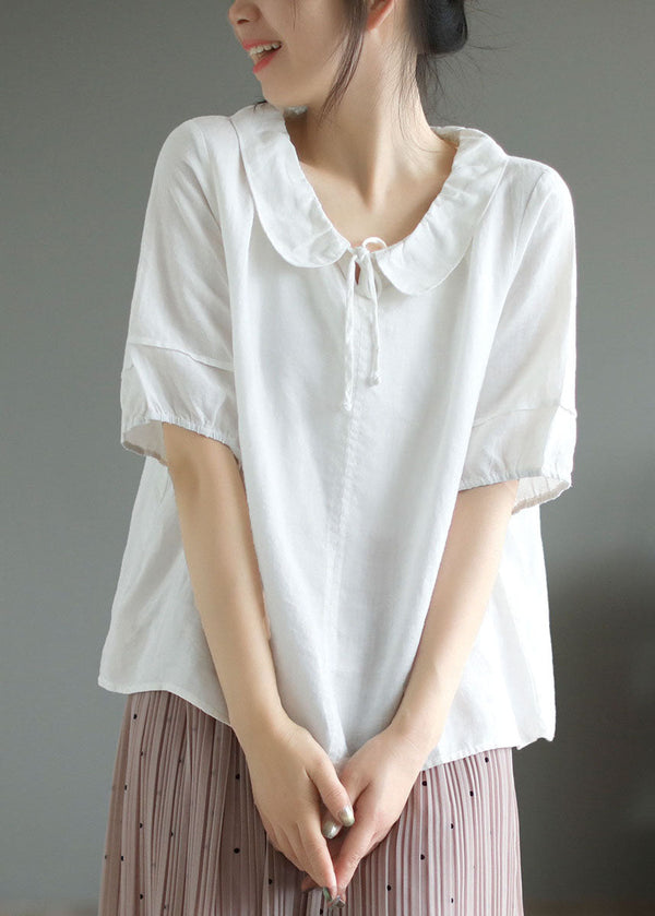 Loose White Peter Pan Collar Patchwork Cotton T Shirts Summer