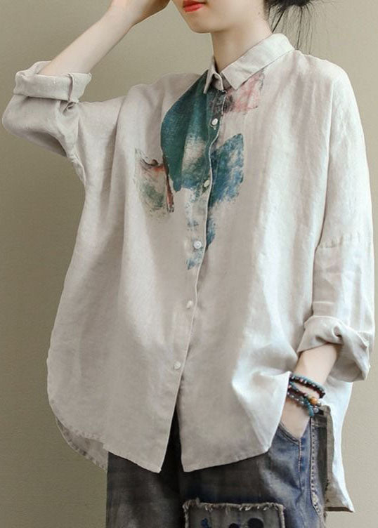 Loose White Peter Pan Collar Print Linen Shirts Fall