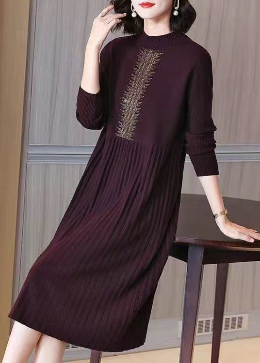 Loose Wine Red Zircon Wrinkled Cotton Knit Dress Long Sleeve