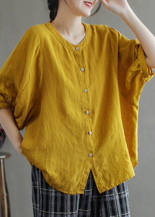 Loose Yellow O-Neck Button Linen Shirts Half Sleeve