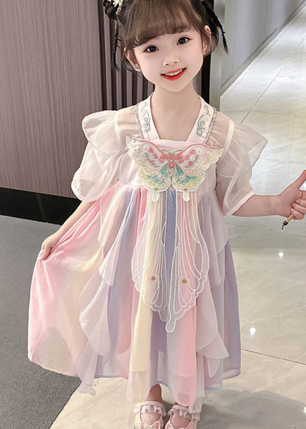 Lovely Pink Embroidered Butterfly Patchwork Chiffon Kids Girls Dresses Summer