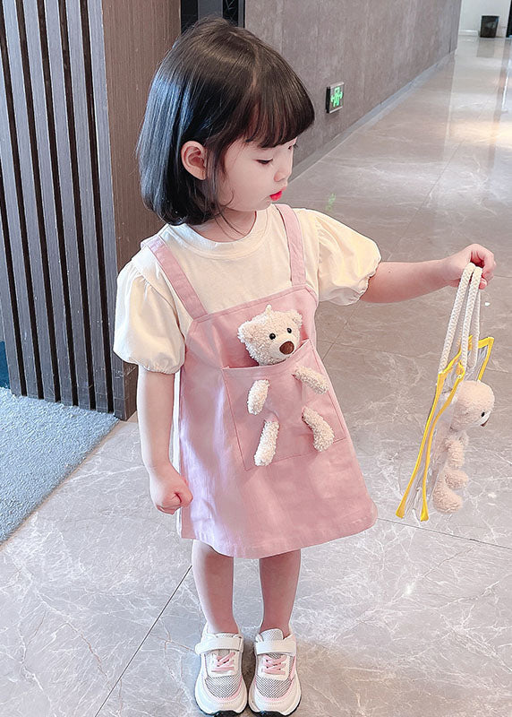 Lovely Pink O Neck Patchwork Cotton Kids Girls Dresses Summer