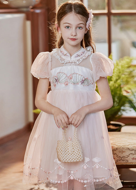 Lovely Pink Stand Collar Embroidered Lace Patchwork Tulle Baby Girls Mid Dress Short Sleeve