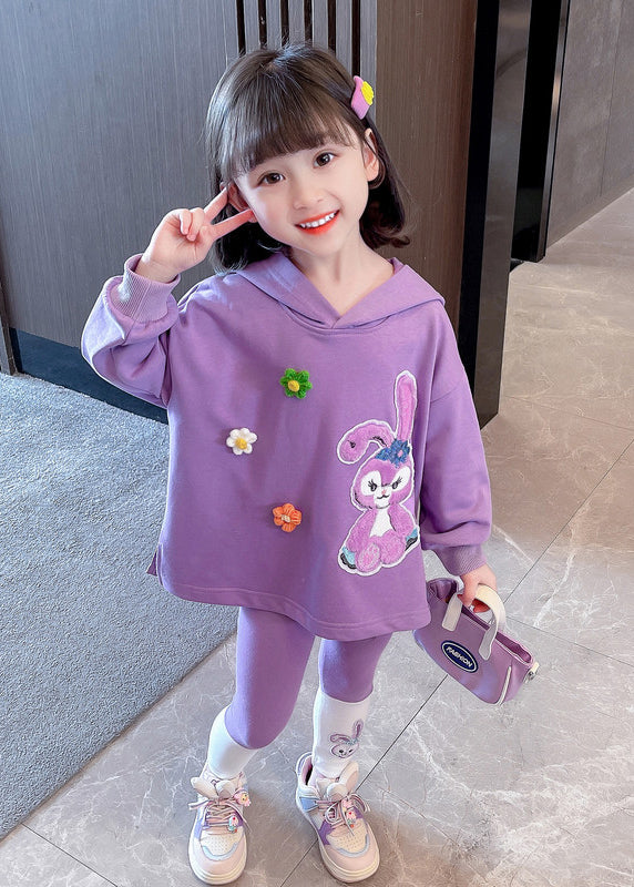 Lovely Purple Hooded Patchwork Cotton Baby Girls Sweatshirt Two Pieces Set Fall