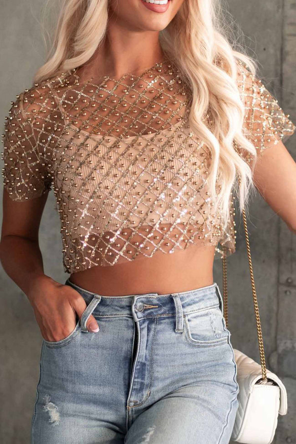 Mesh Beaded Sequin Short Sleeve Tops