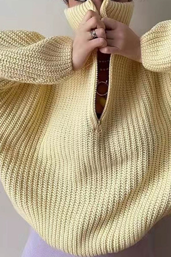 Mock Neck Zip Pullover Knit Top