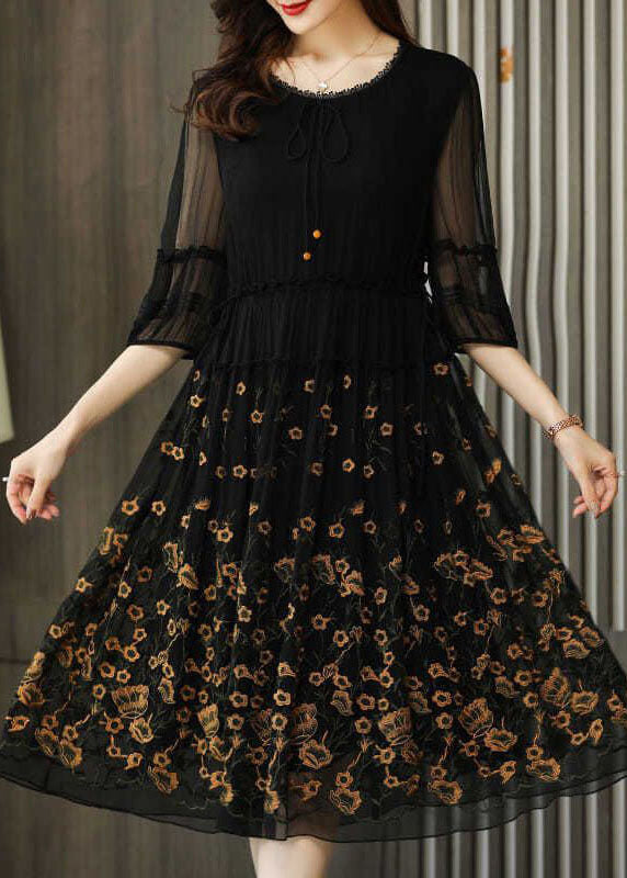 Modern Black Embroidered Chiffon Cinched Dress Summer