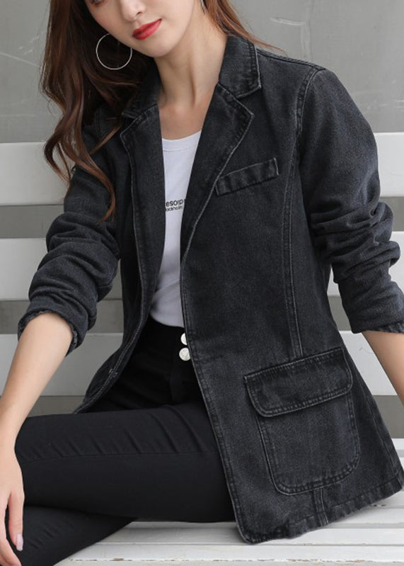 Modern Black Notched Pockets Patchwork Denim Coats Long Sleeve