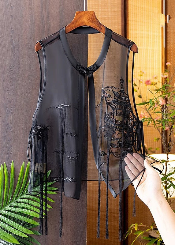 Modern Black O-Neck Embroidered Silk Waistcoat Summer