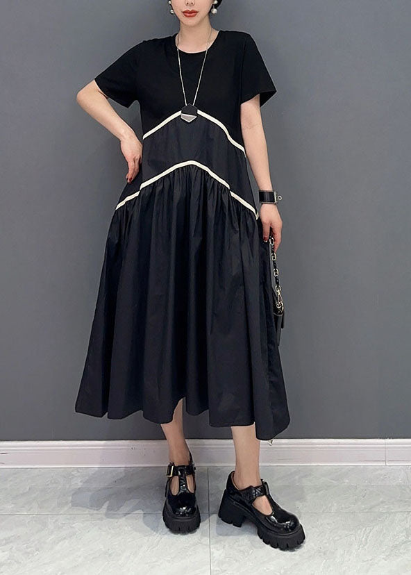 Modern Black O-Neck Patchwork Cotton Long Dress Spring